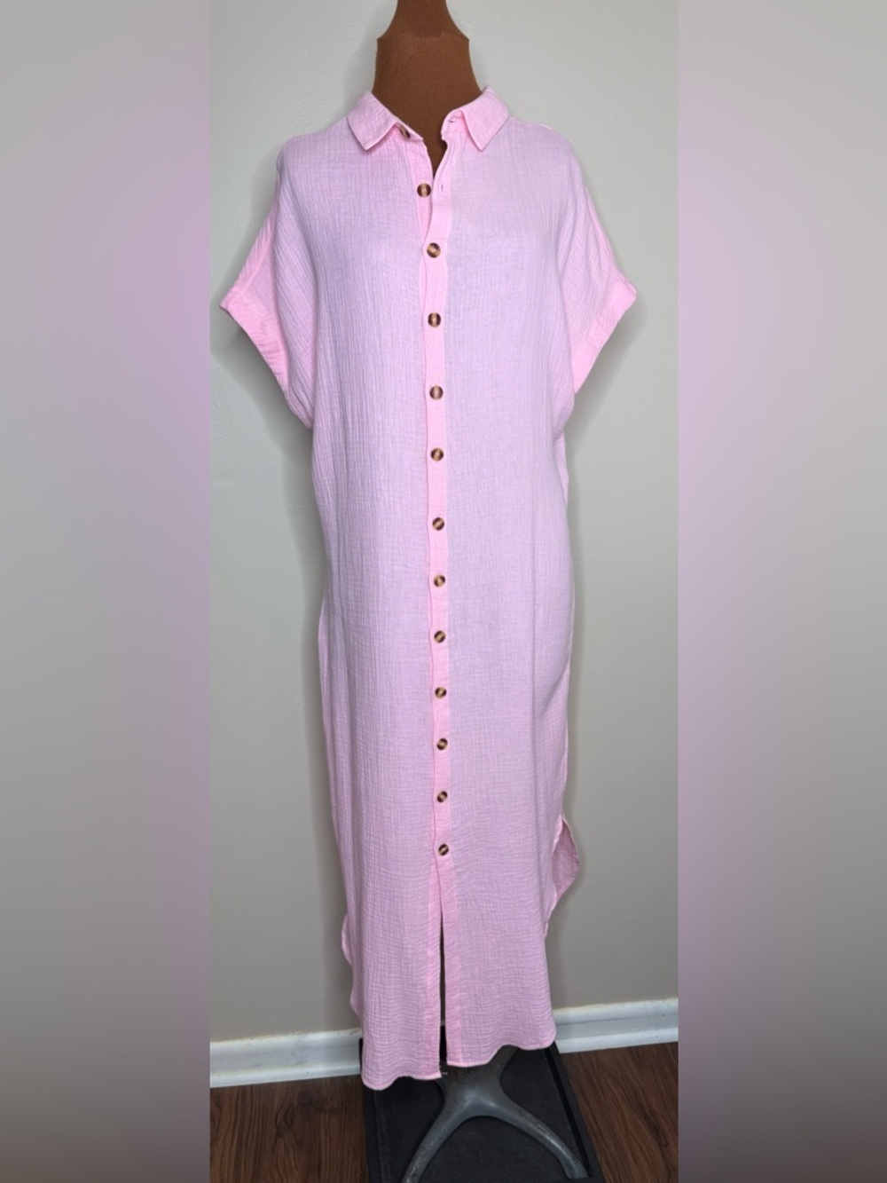 Light Pink Button-Front Maxi Shirt Dress Size Medium